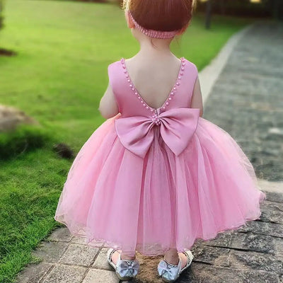 Girls' Beaded Backless Bow Dress with Headband | 9M-5Y