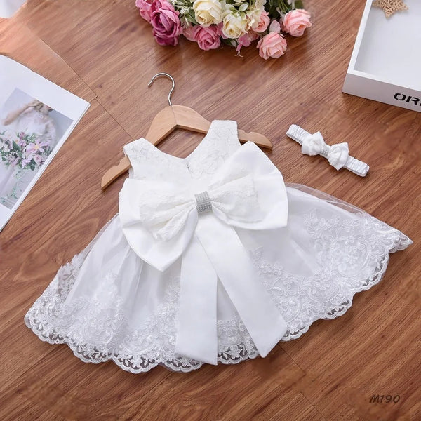 Baby Girls' Lace Christening Dress with Bow Headband | 0-12M