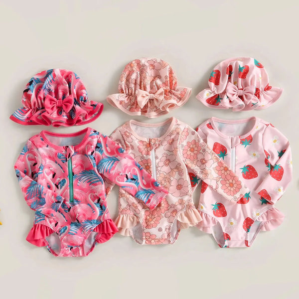 Baby girl flamingo print swimsuit jumpsuit with matching headband
