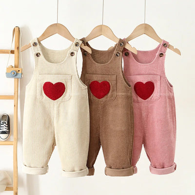 Baby Corduroy Suspender Overalls — Heart Embroidery Bib Pants | 1–7Y