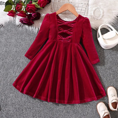 Girls' Velvet Bow Party Dress — Long Sleeve | 1-6Y
