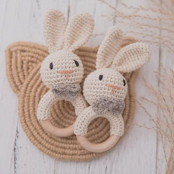 Crochet and wood baby rattle teether, BPA-free sensory toy