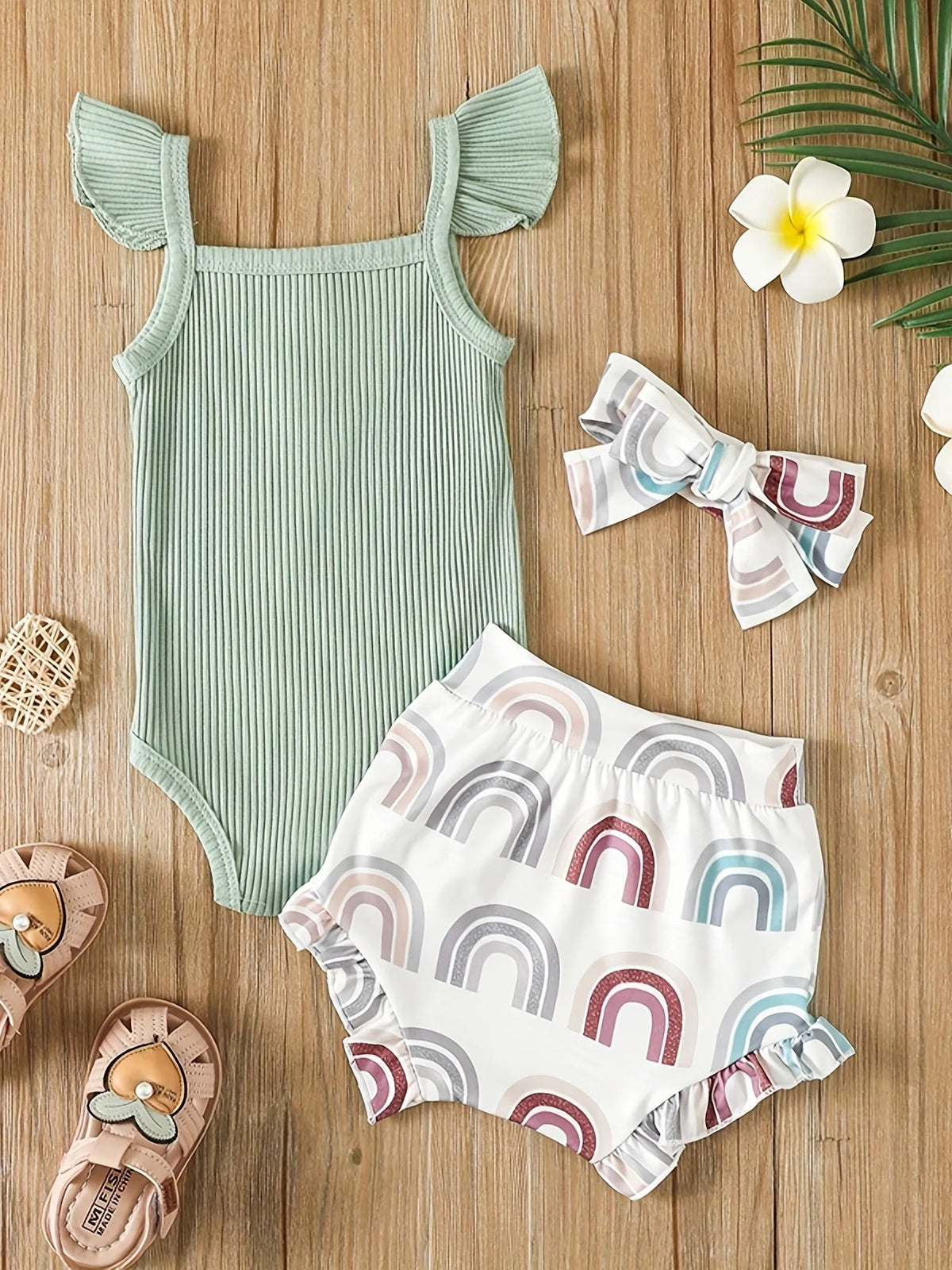 Sage ribbed bodysuit and rainbow ruffle bloomers baby girl set