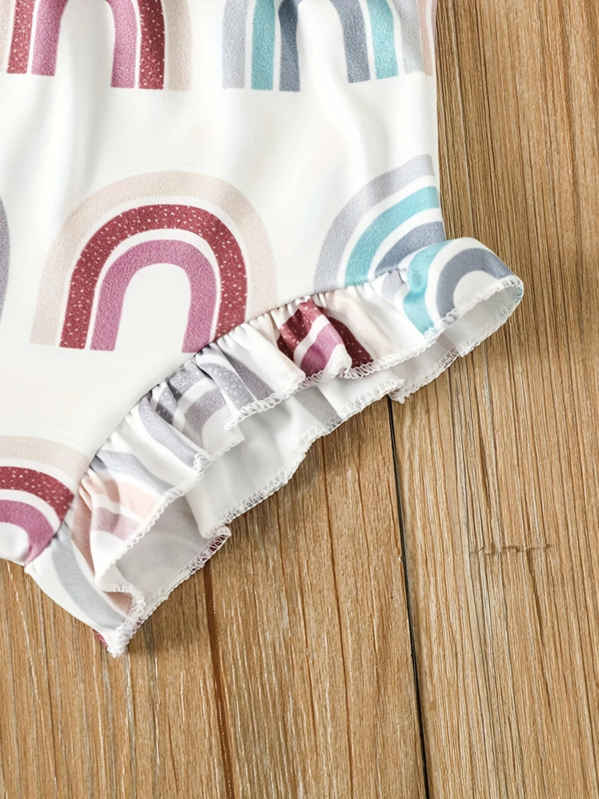Rainbow print ruffle bloomer shorts detail