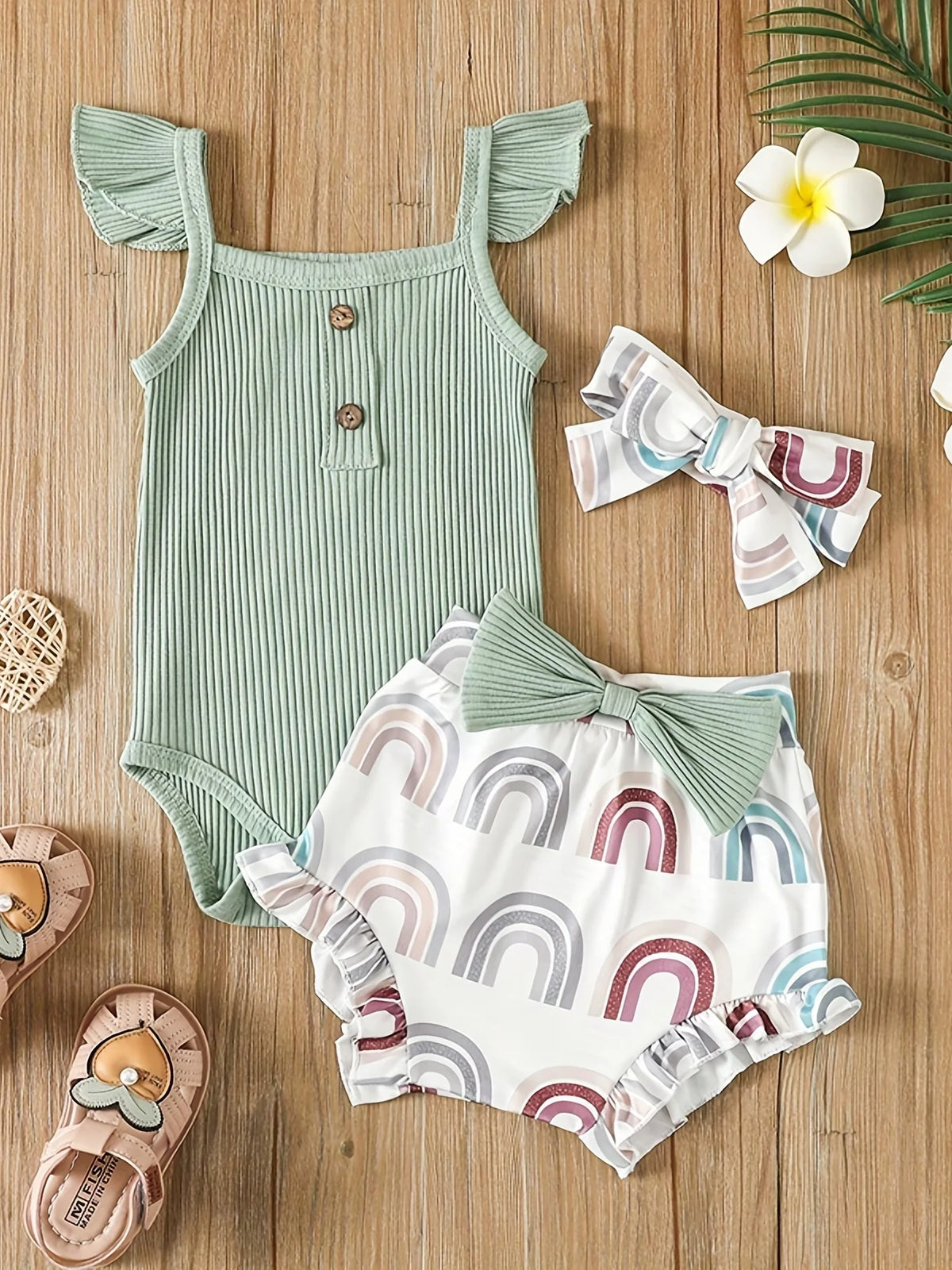 Baby girl 3-piece cotton set with rainbow shorts and bow headband flat lay