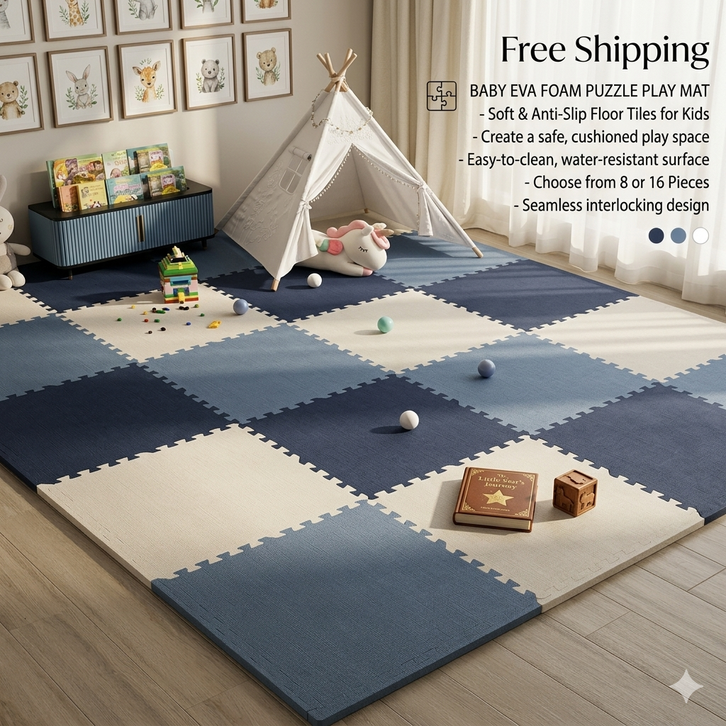 Baby EVA Foam Puzzle Play Mat – Soft & Anti-Slip Floor Tiles for Kids (8 or 16 Pieces)