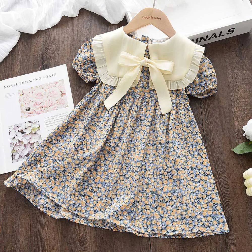 Girls Floral Summer Dress – Bow Peter Pan Collar A-Line Princess Dress