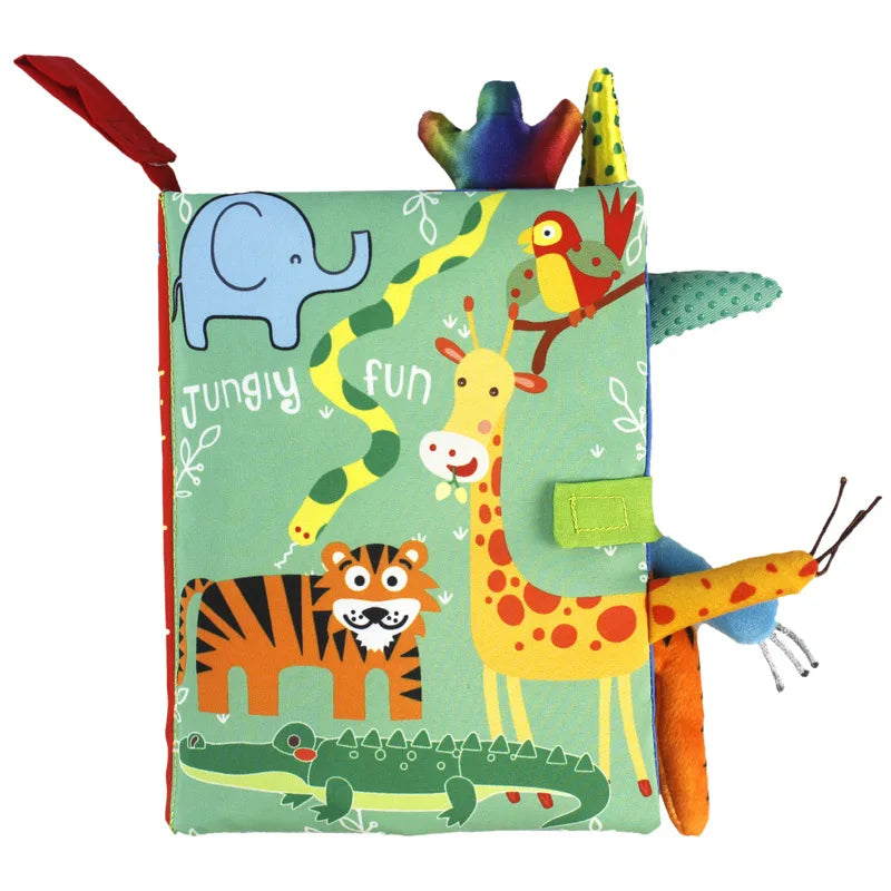 Baby cloth activity book with crinkle pages and rattle