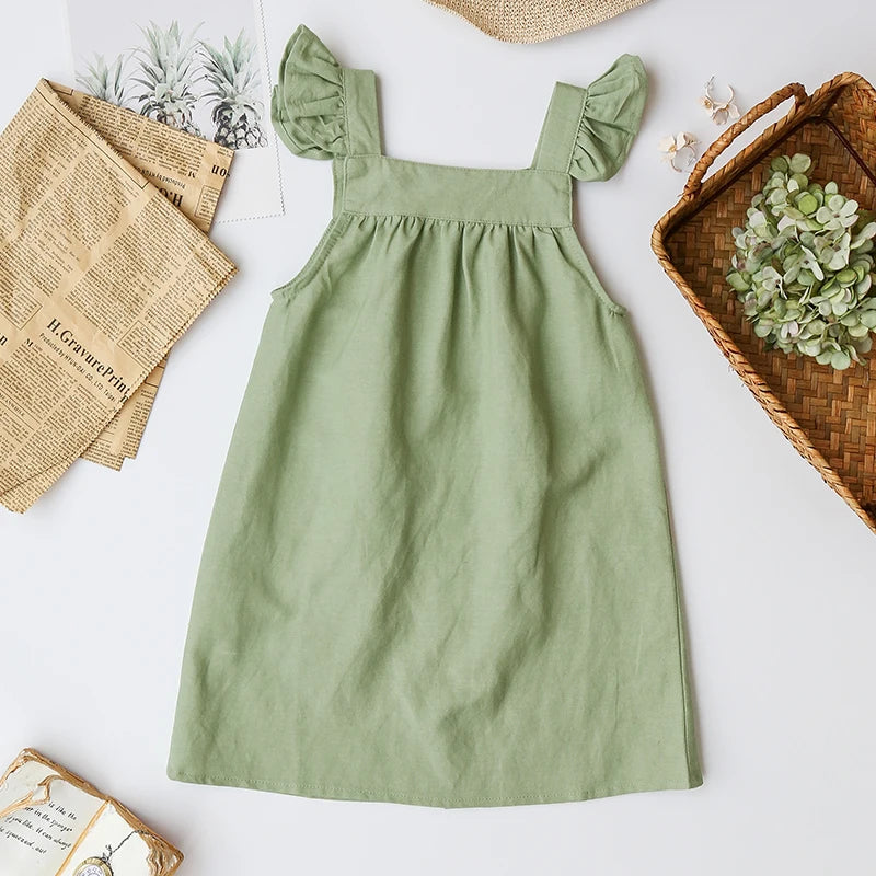Girls Cotton Linen Sleeveless Button Strap Dress - photo 8