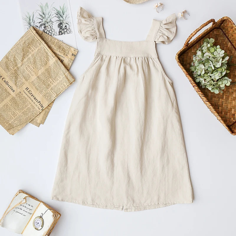 Girls Cotton Linen Sleeveless Button Strap Dress - photo 9
