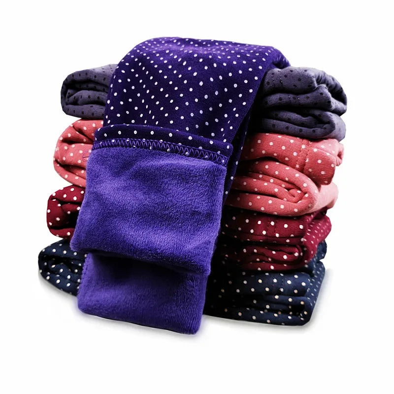 Baby Girl Velvet Leggings — Dot Stretch Warm Trousers | 6M–7Y