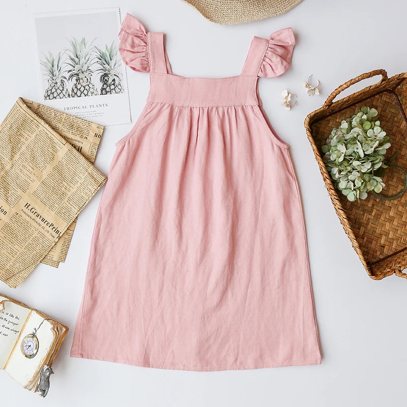 Girls Cotton Linen Sleeveless Button Strap Dress - photo 7