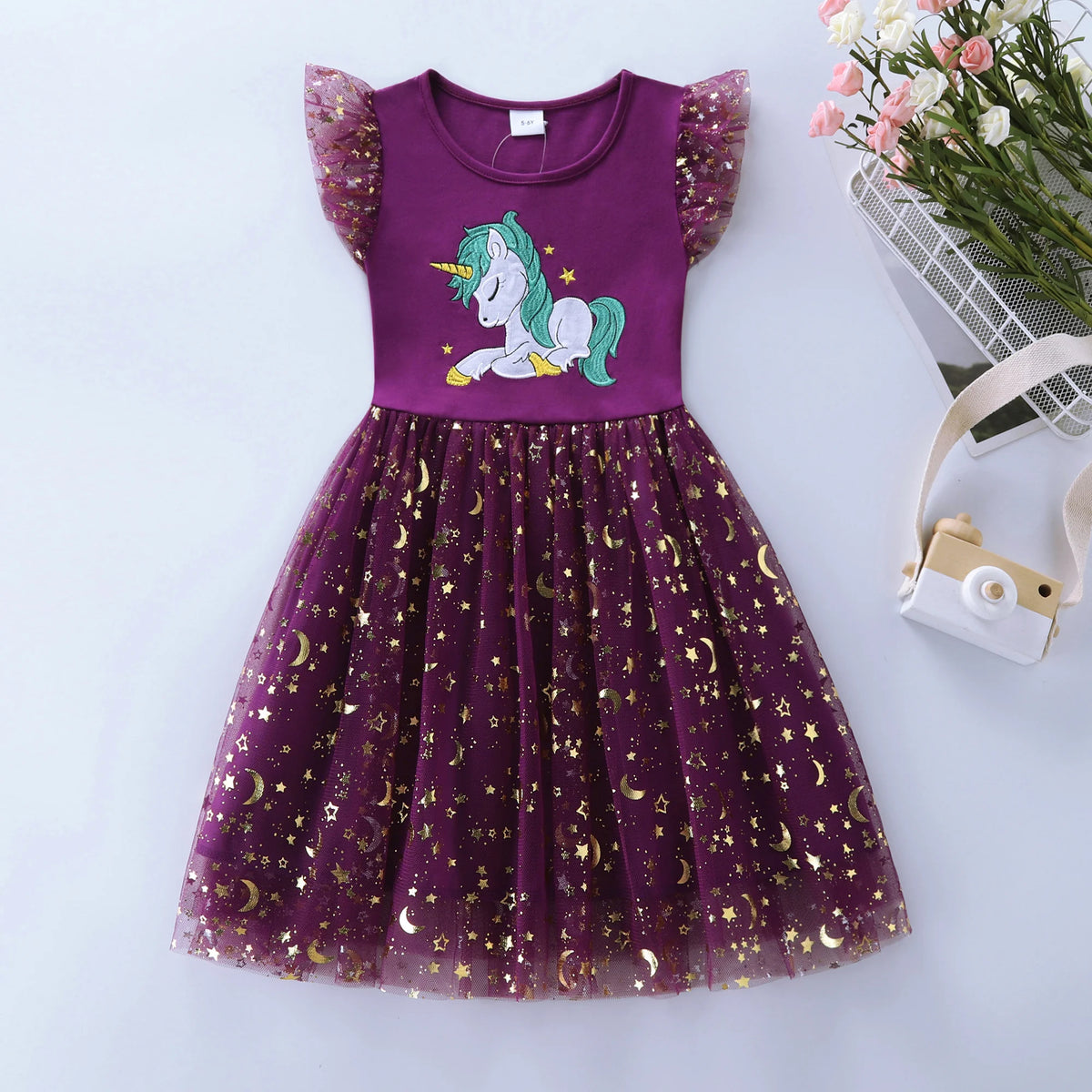 Girls purple unicorn cotton dress with glitter star tulle skirt