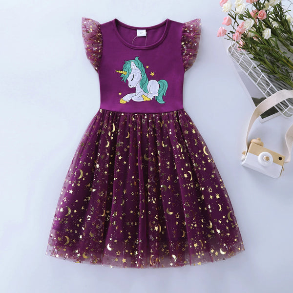 Girls purple unicorn cotton dress with glitter star tulle skirt