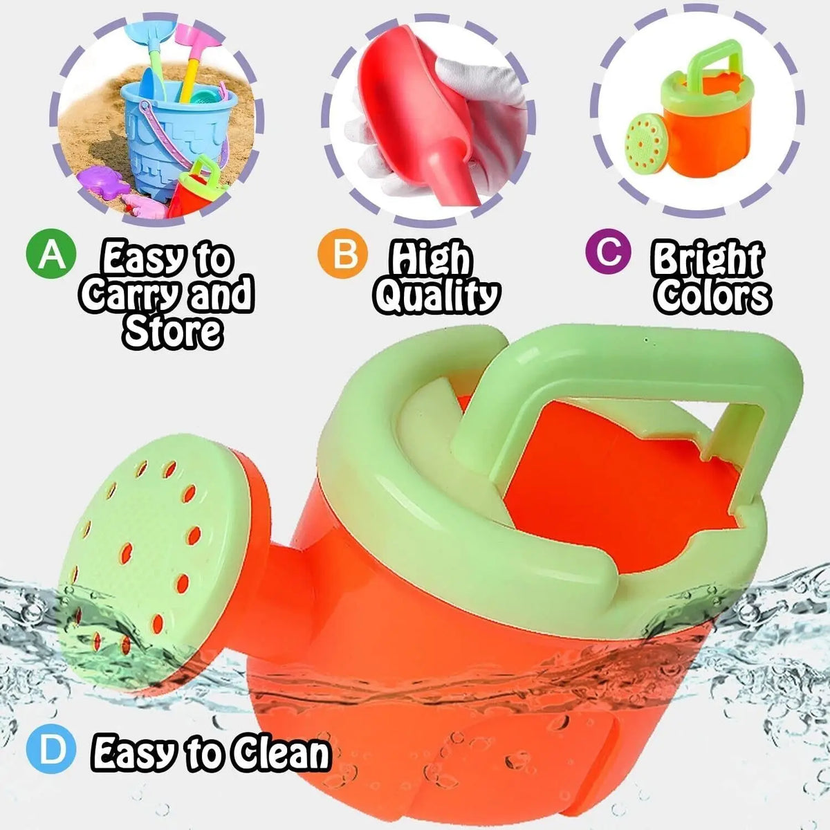 Beach toy set features: easy to carry, clean and bright colours