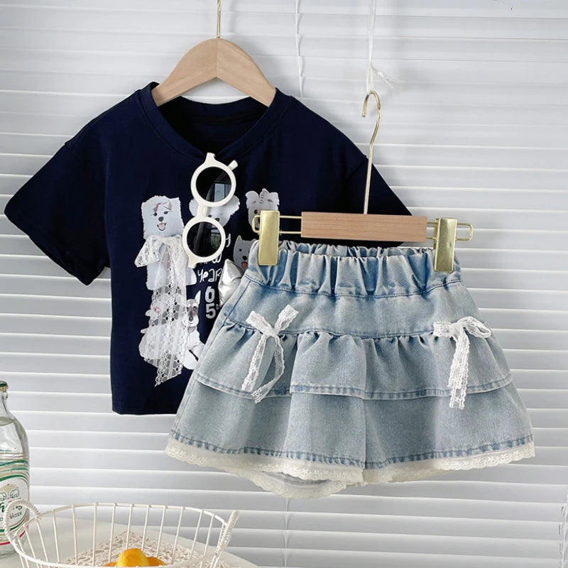 Girls' Denim Lace-Trimmed Tiered Skirt — photo 3