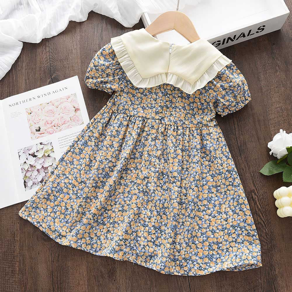 Girls Floral Summer Dress – Bow Peter Pan Collar A-Line Princess Dress