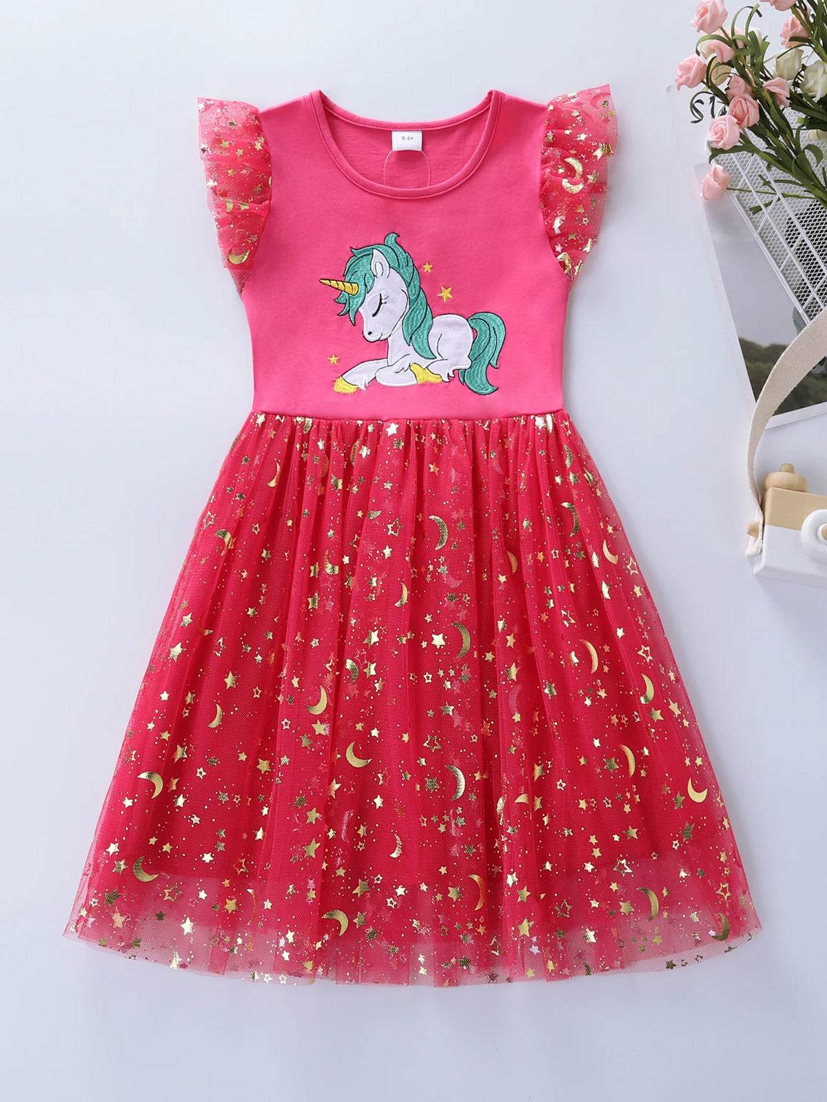 Girls fuchsia unicorn star-tulle party dress