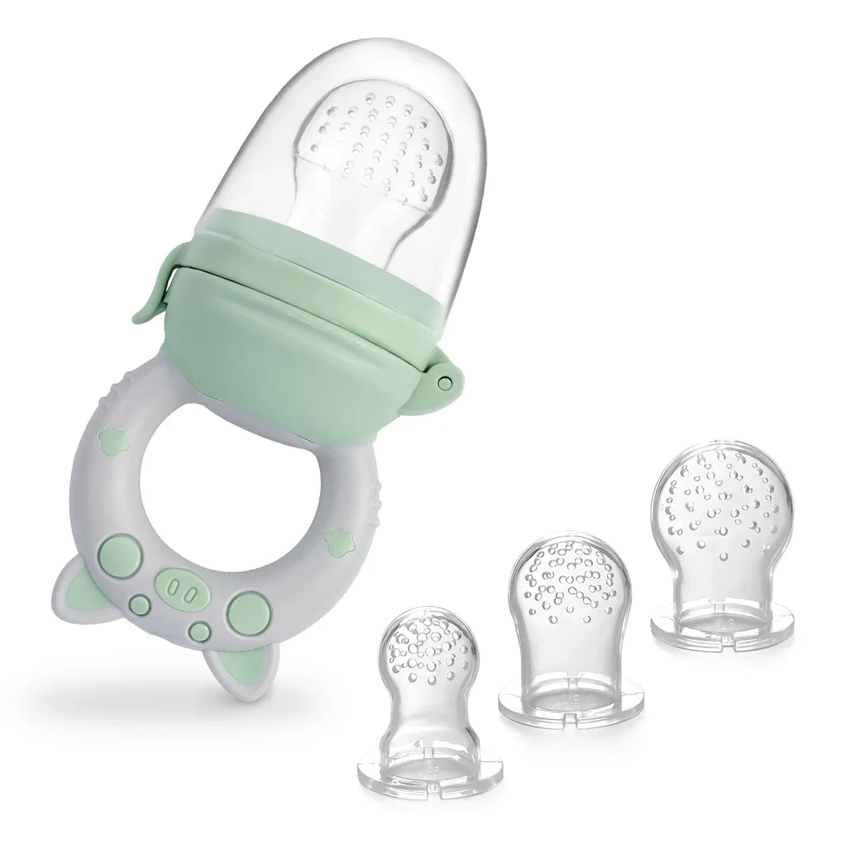 Green silicone baby fruit and vegetable feeder with sacs