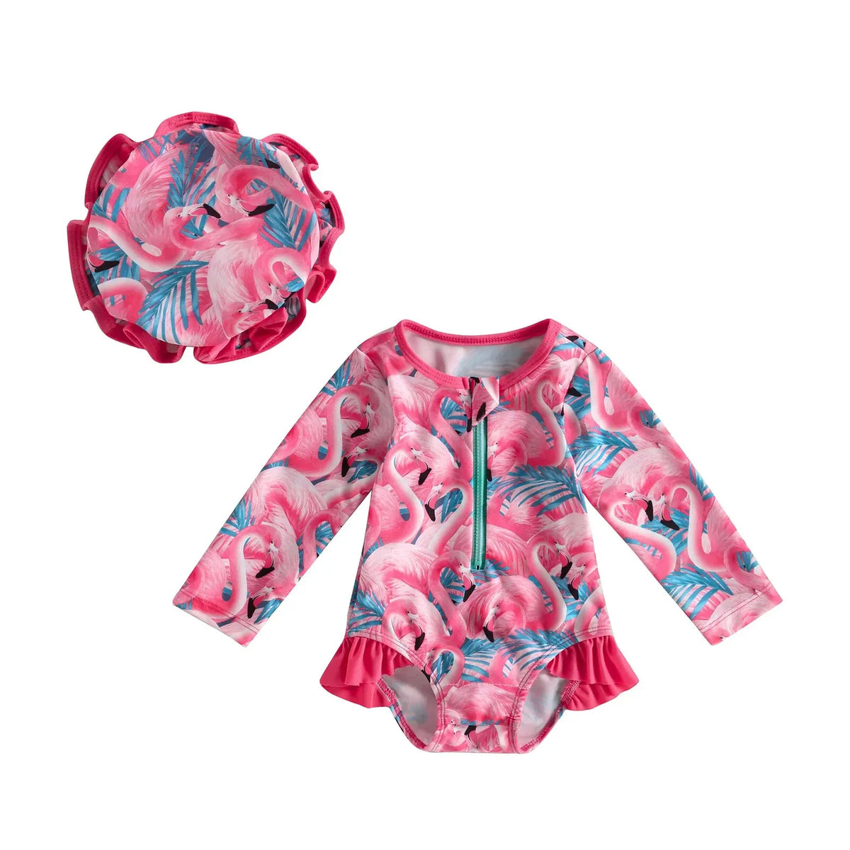 Baby girl flamingo print swimsuit jumpsuit with matching headband
