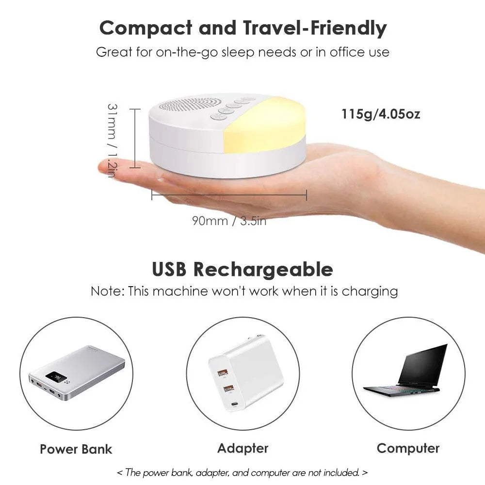 Baby white noise sleep machine USB rechargeable with timer and light