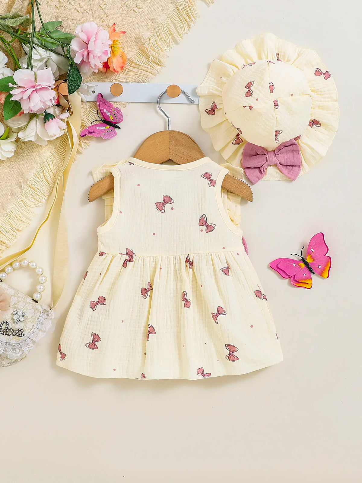 Baby Girl Bow Print Ruffle Dress & Hat Set - photo 2