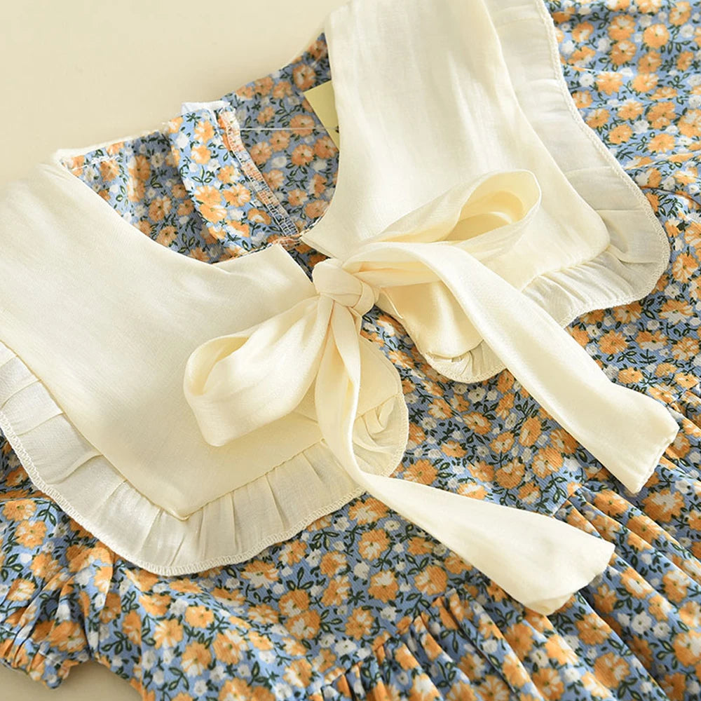 Girls Floral Summer Dress – Bow Peter Pan Collar A-Line Princess Dress