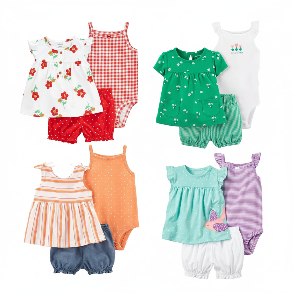 Baby Girl Summer Outfit Set – Floral Bodysuit & Shorts (3 Pcs)