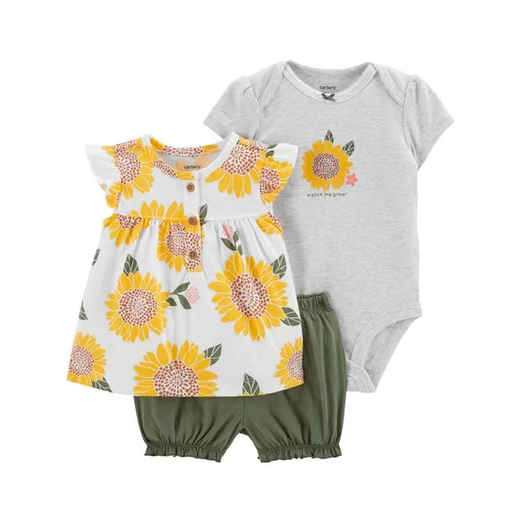 Baby Girl Summer Outfit Set – Floral Bodysuit & Shorts (3 Pcs)