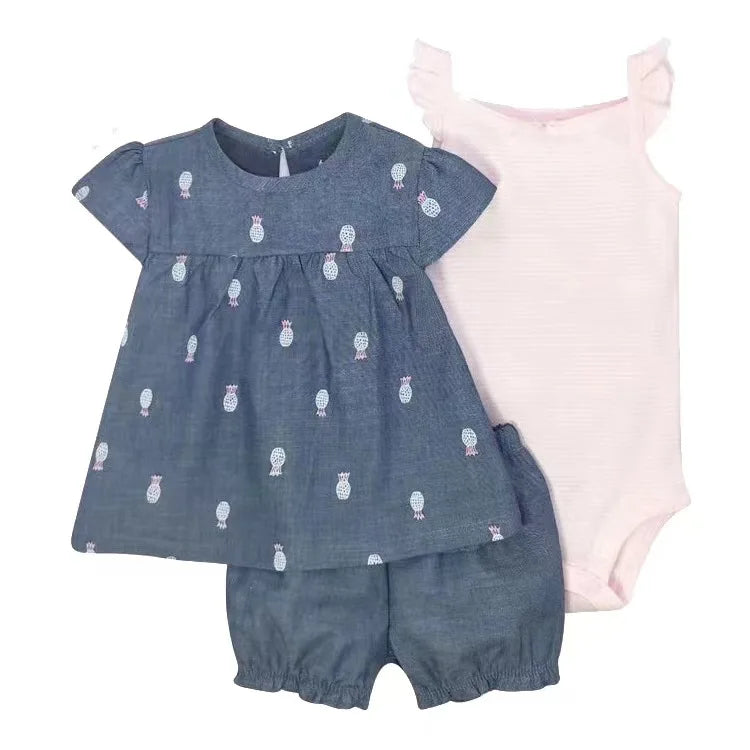 Baby Girl Summer Outfit Set – Floral Bodysuit & Shorts (3 Pcs)