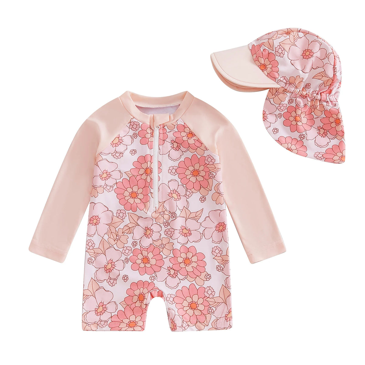 Toddler girl floral swimsuit with matching sun hat - long sleeve UPF rash guard