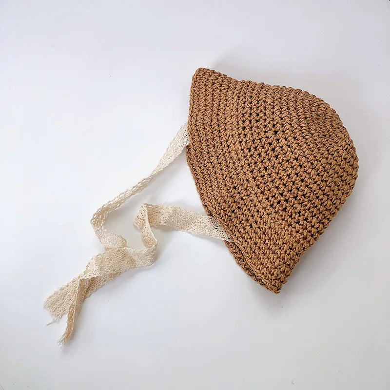 Baby woven straw sun bonnet with lace ties in beige