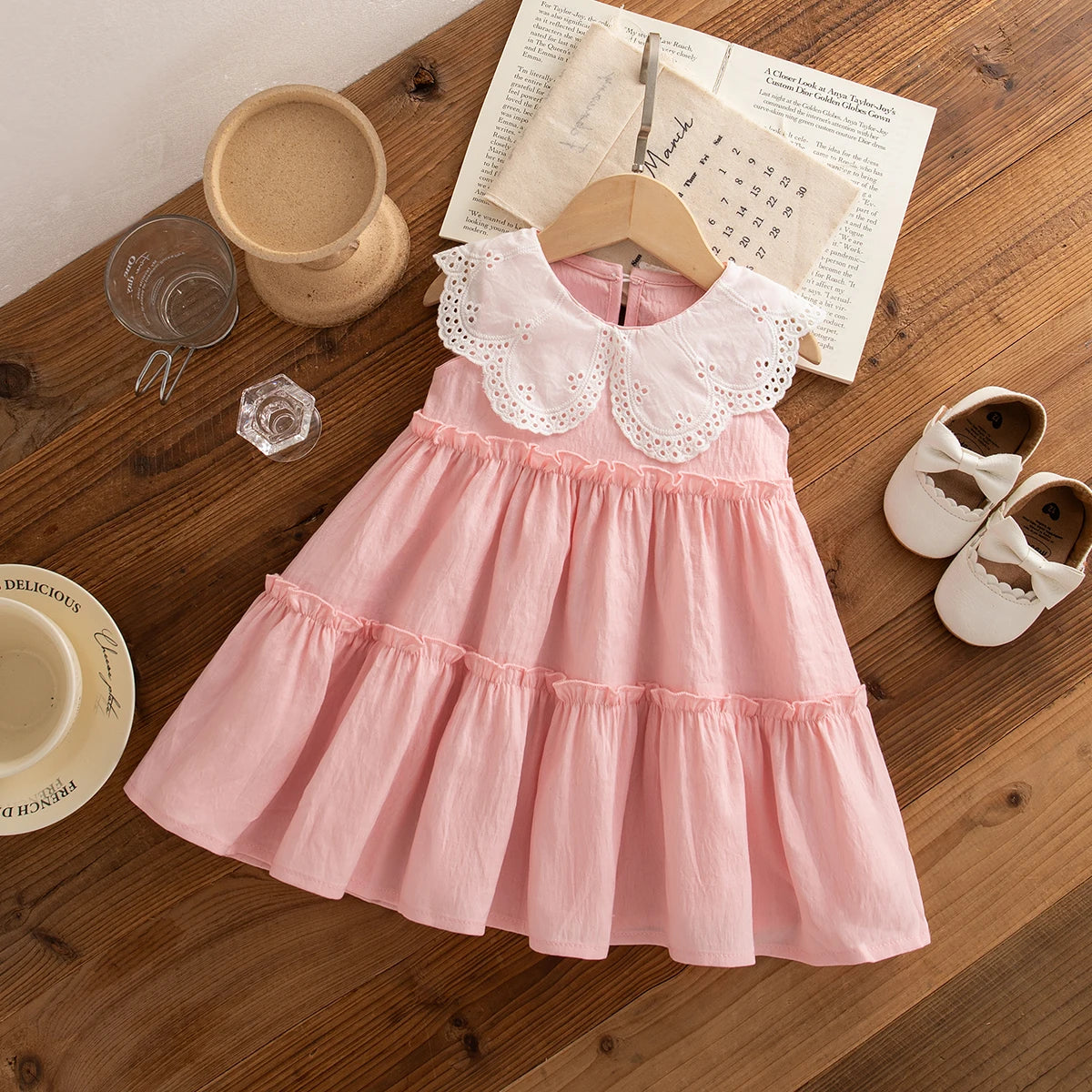 Baby Girl Cotton Sleeveless Dress with Lapel Collar