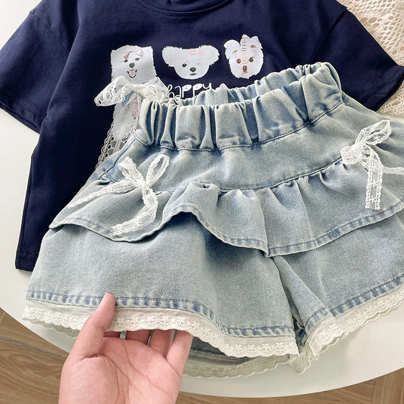 Girls' Denim Lace-Trimmed Tiered Skirt — photo 1