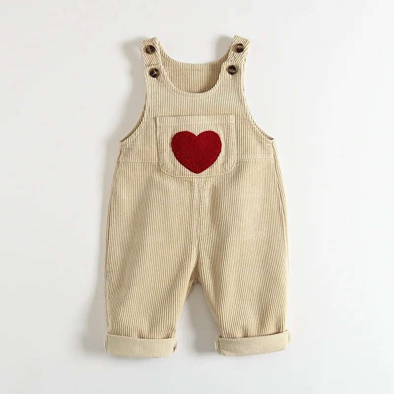 Baby Corduroy Suspender Overalls — Heart Embroidery Bib Pants | 1–7Y