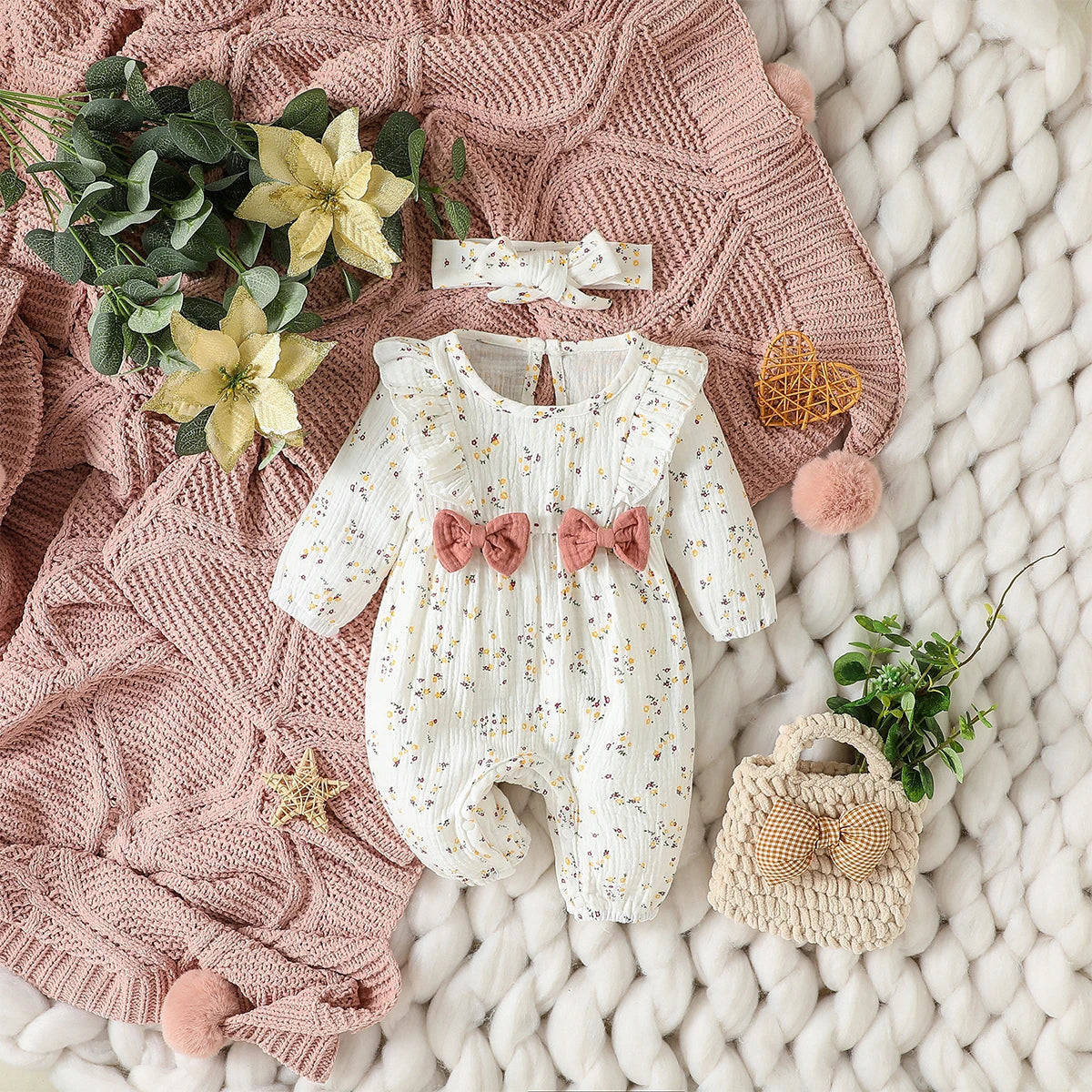 Floral print long-sleeve baby jumpsuit set with headband, newborn girl - Kindle Kids ABC - view 10
