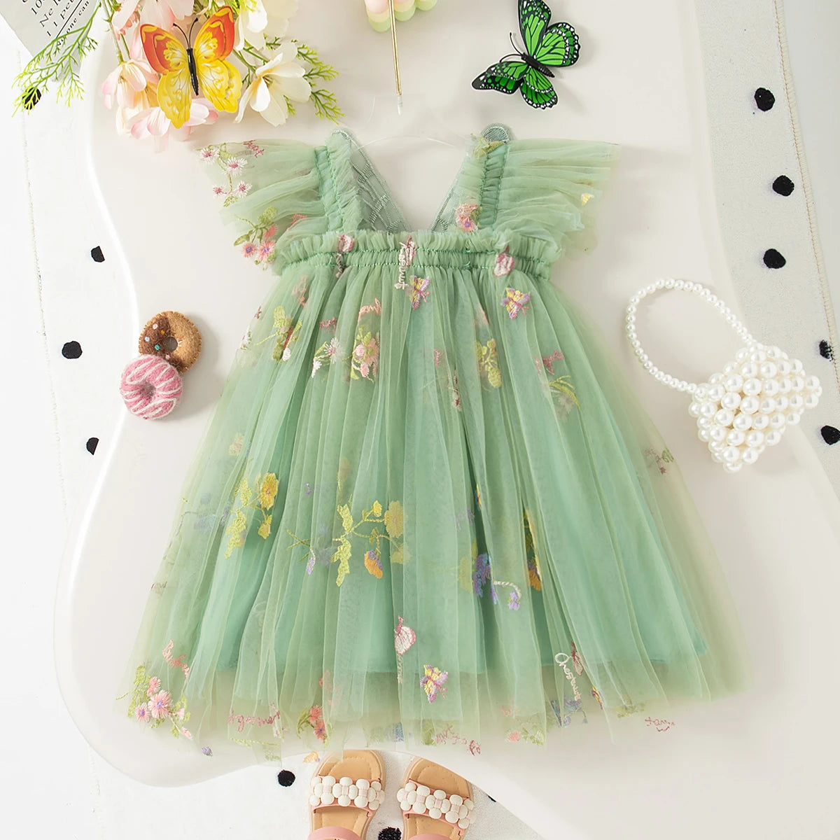 Girls Tulle Floral Embroidered Party Dress