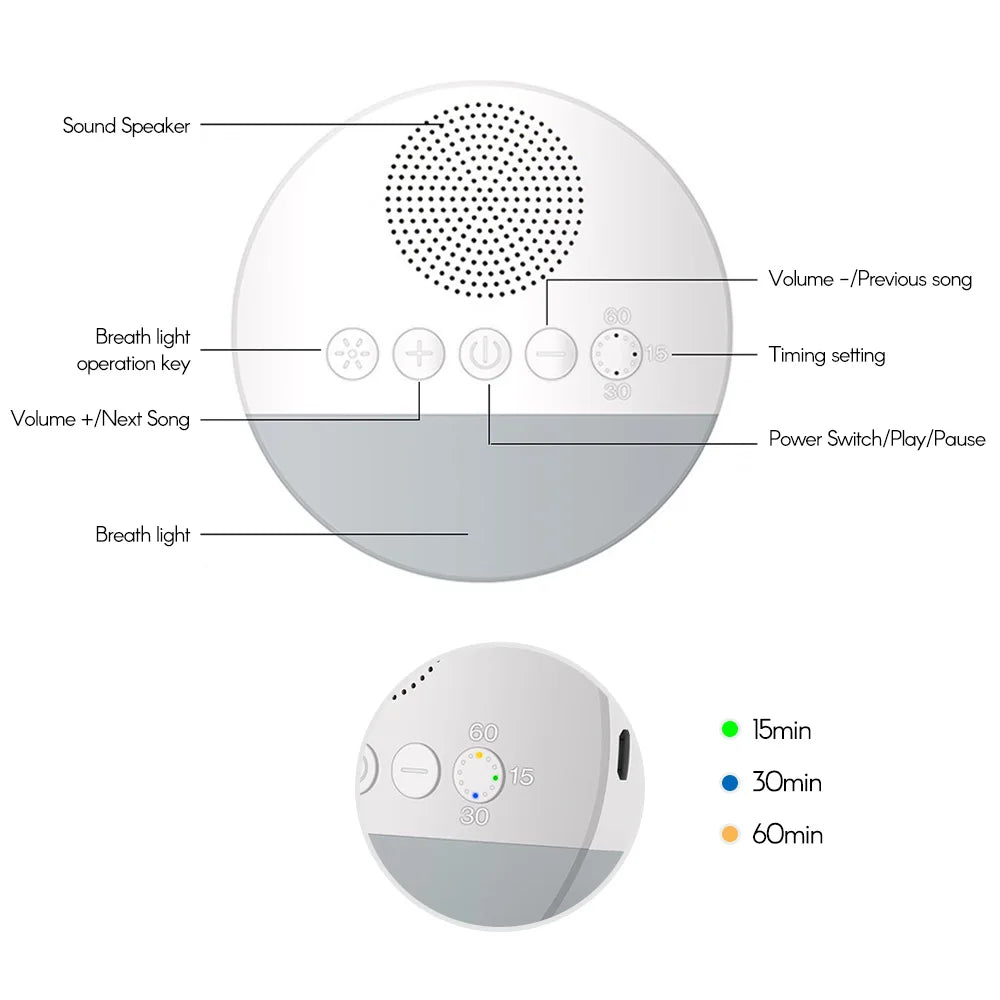 Baby white noise sleep machine USB rechargeable with timer and light
