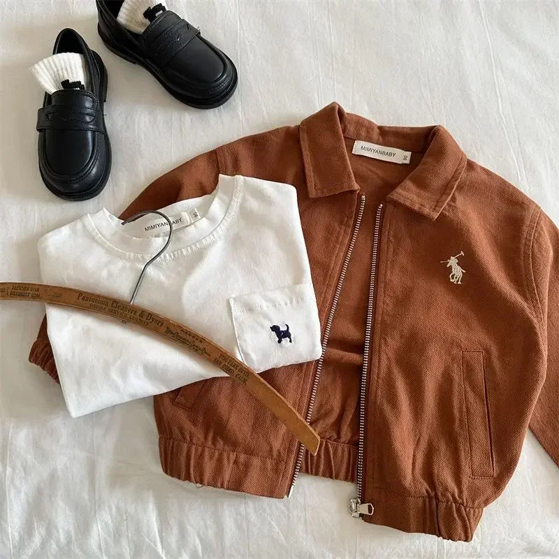 Kids Cotton Embroidered Jacket — Flip-Collar Zip Coat | 2–7Y