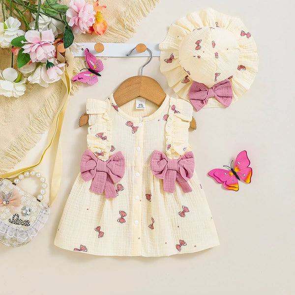Baby Girl Bow Print Ruffle Dress & Hat Set - photo 1