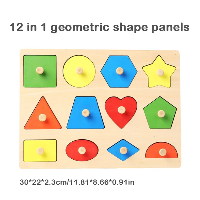 12-in-1 wooden geometric shape sorting panel