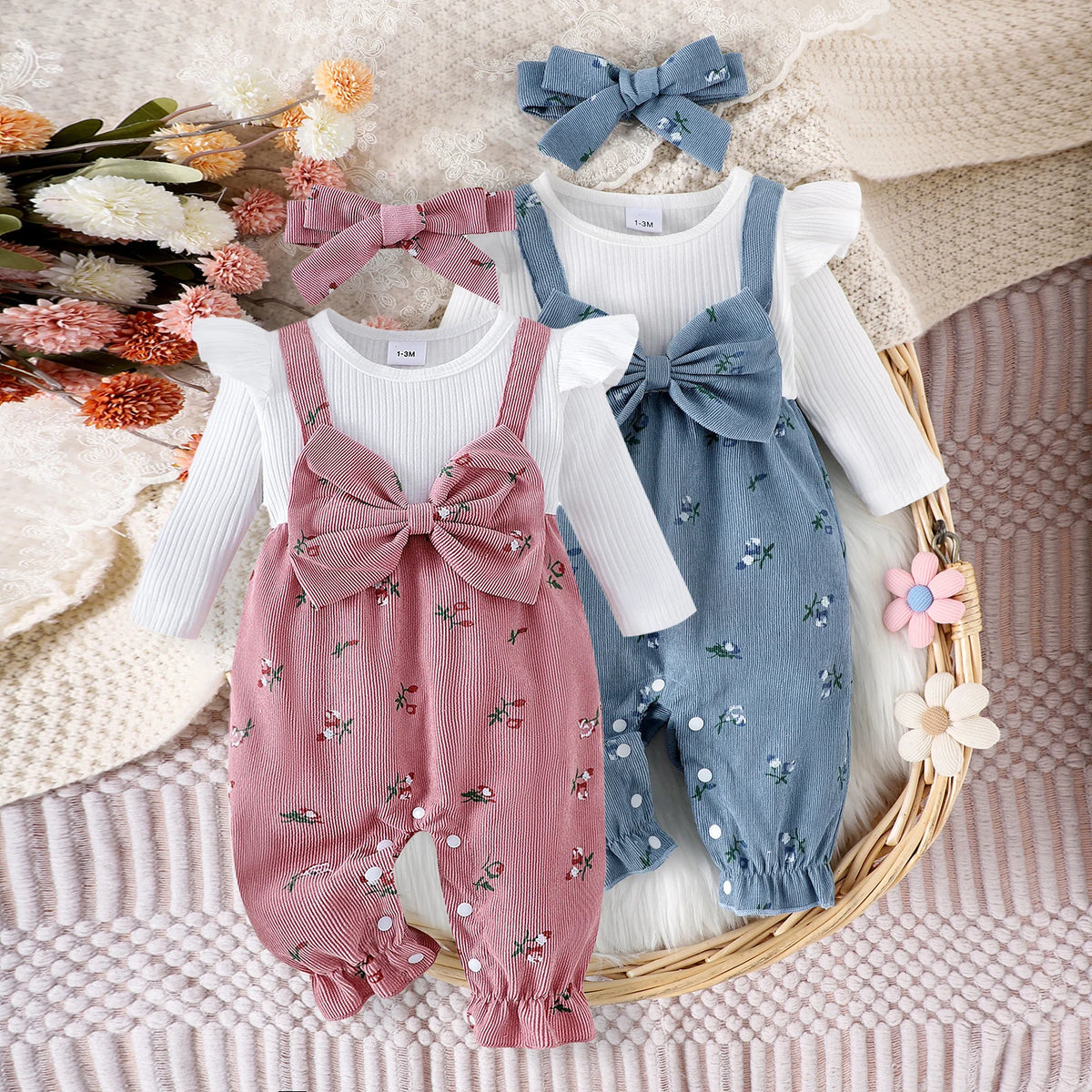 Floral bow cotton romper set with headband, infant girl outfit - Kindle Kids ABC