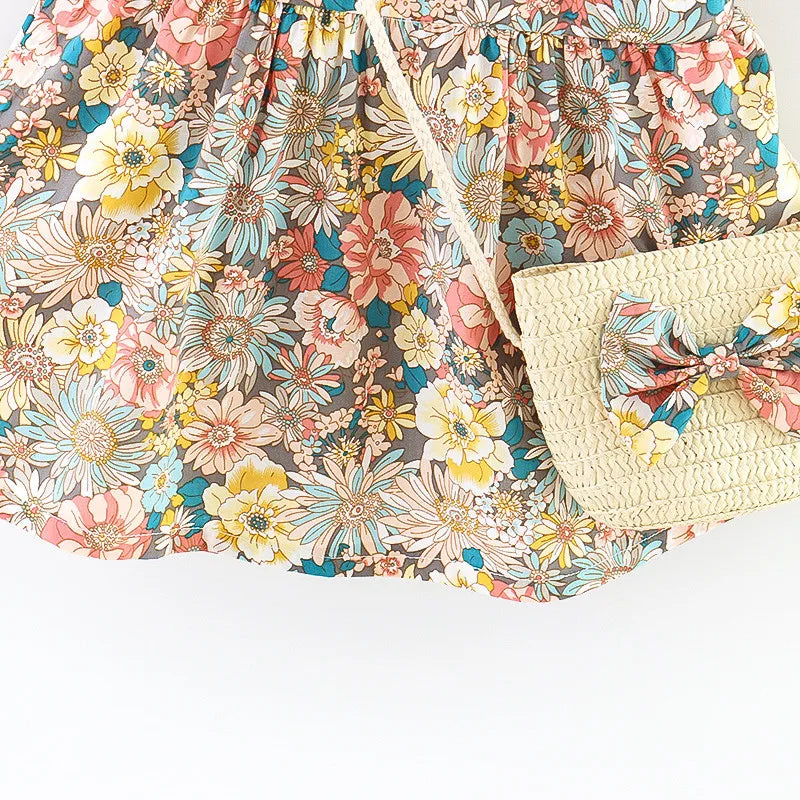 Baby Girl Summer Floral Dress with Straw Bag – Vintage Garden Style