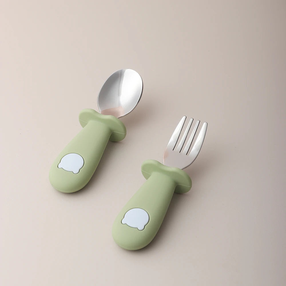 Green baby panda silicone spoon and fork set