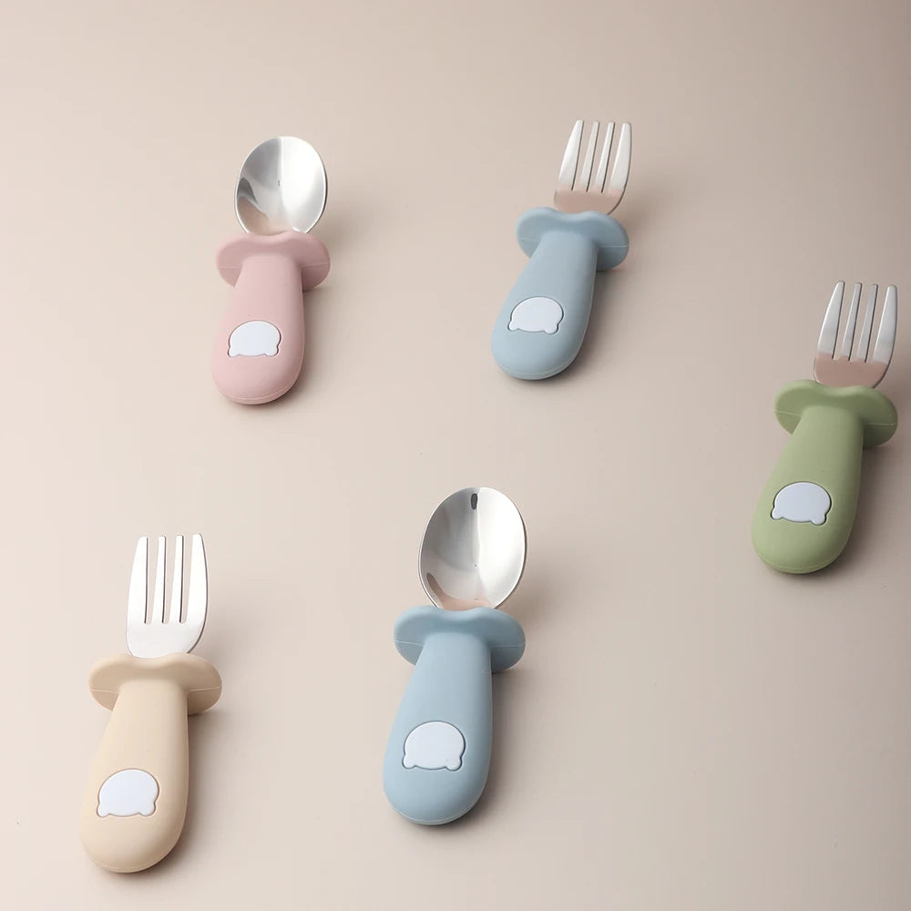 Baby panda spoon and fork set in blue, green, pink and beige