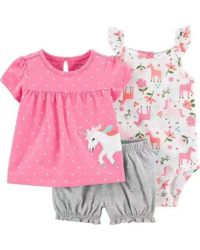 Baby Girl Summer Outfit Set – Floral Bodysuit & Shorts (3 Pcs)