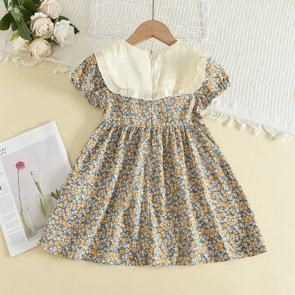 Girls Floral Summer Dress – Bow Peter Pan Collar A-Line Princess Dress