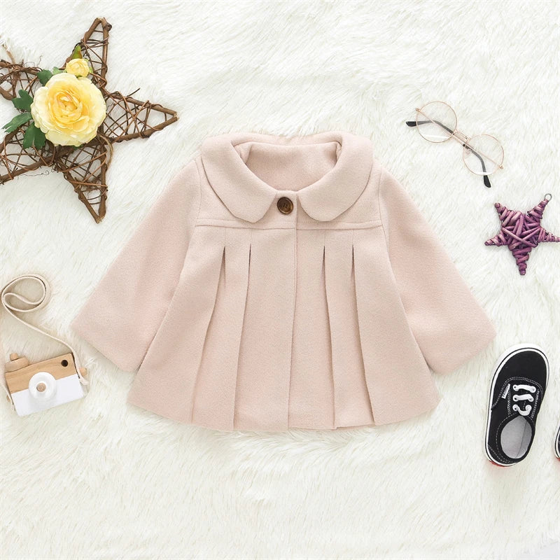 Baby Girls Wool Coat — Peter Pan Collar Pleated Jacket | 3–24M - photo 6