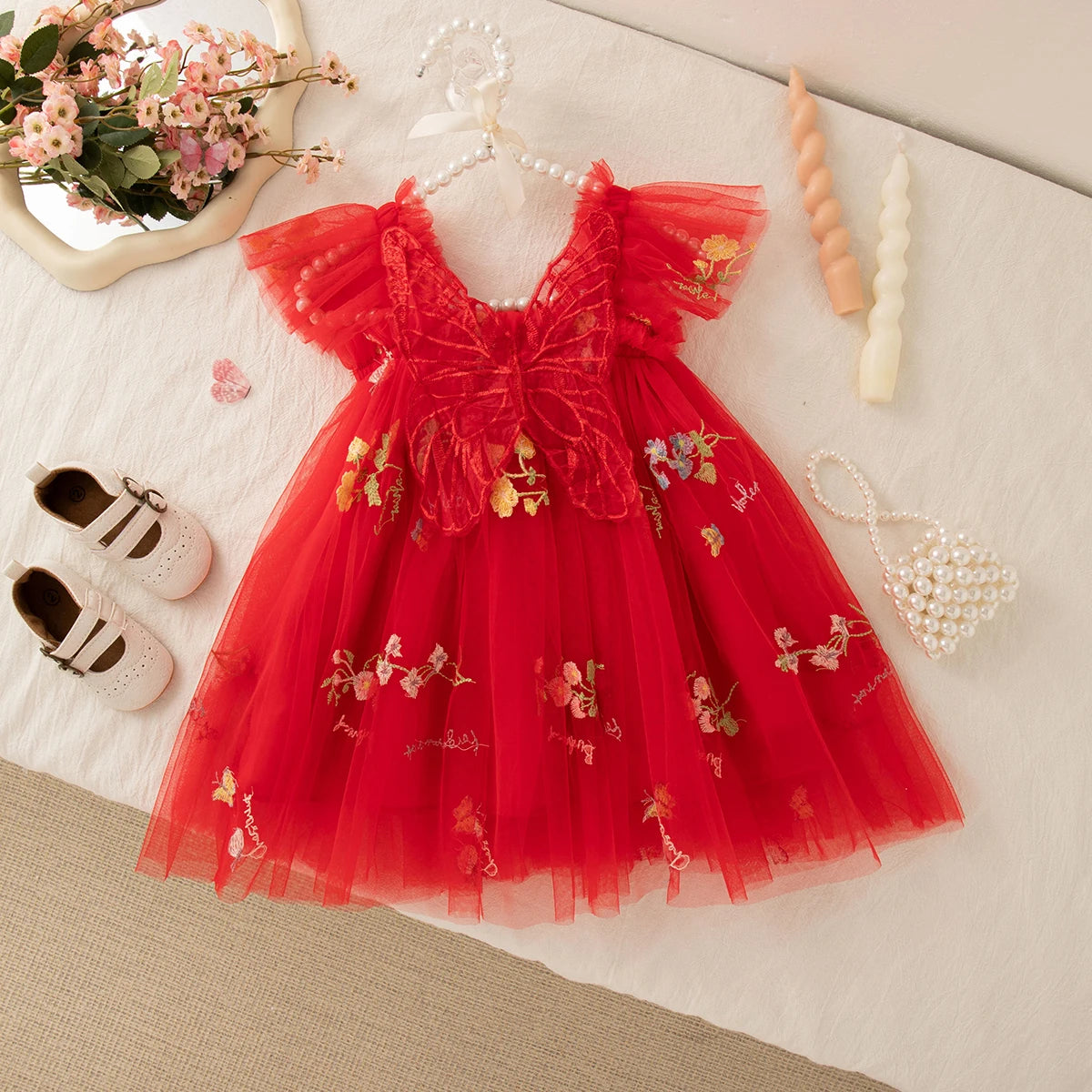 Girls Tulle Floral Embroidered Party Dress