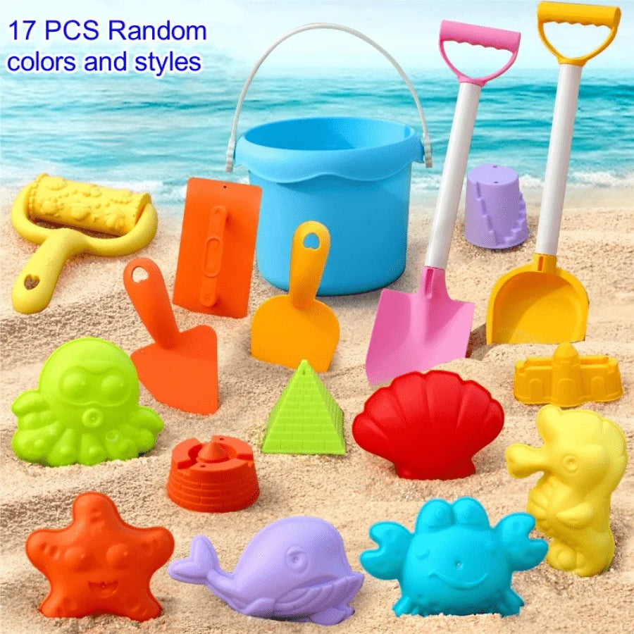 17-piece beach sand toy set on sand